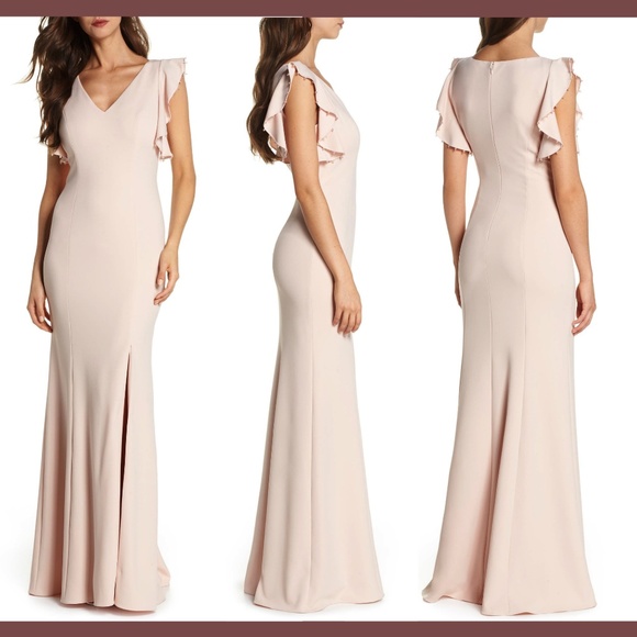 New Adrianna Papell [SZ‎ 8P ] Flutter Sleeve Crepe Trumpet Gown Blush - Picture 1 of 12
